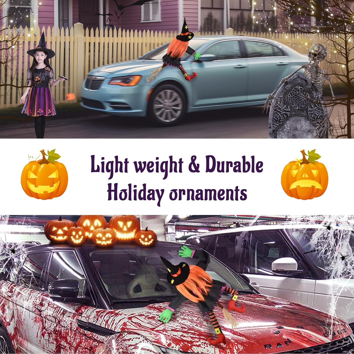 ZATMRA Crashing Witch Halloween Decorations Outdoor: Halloween Crashed Witch into Tree Hanging Props outside Ornaments Halloween Funny Cute Flying Crashed Witches for Door Porch Pole Garden Yard Decor image number 5