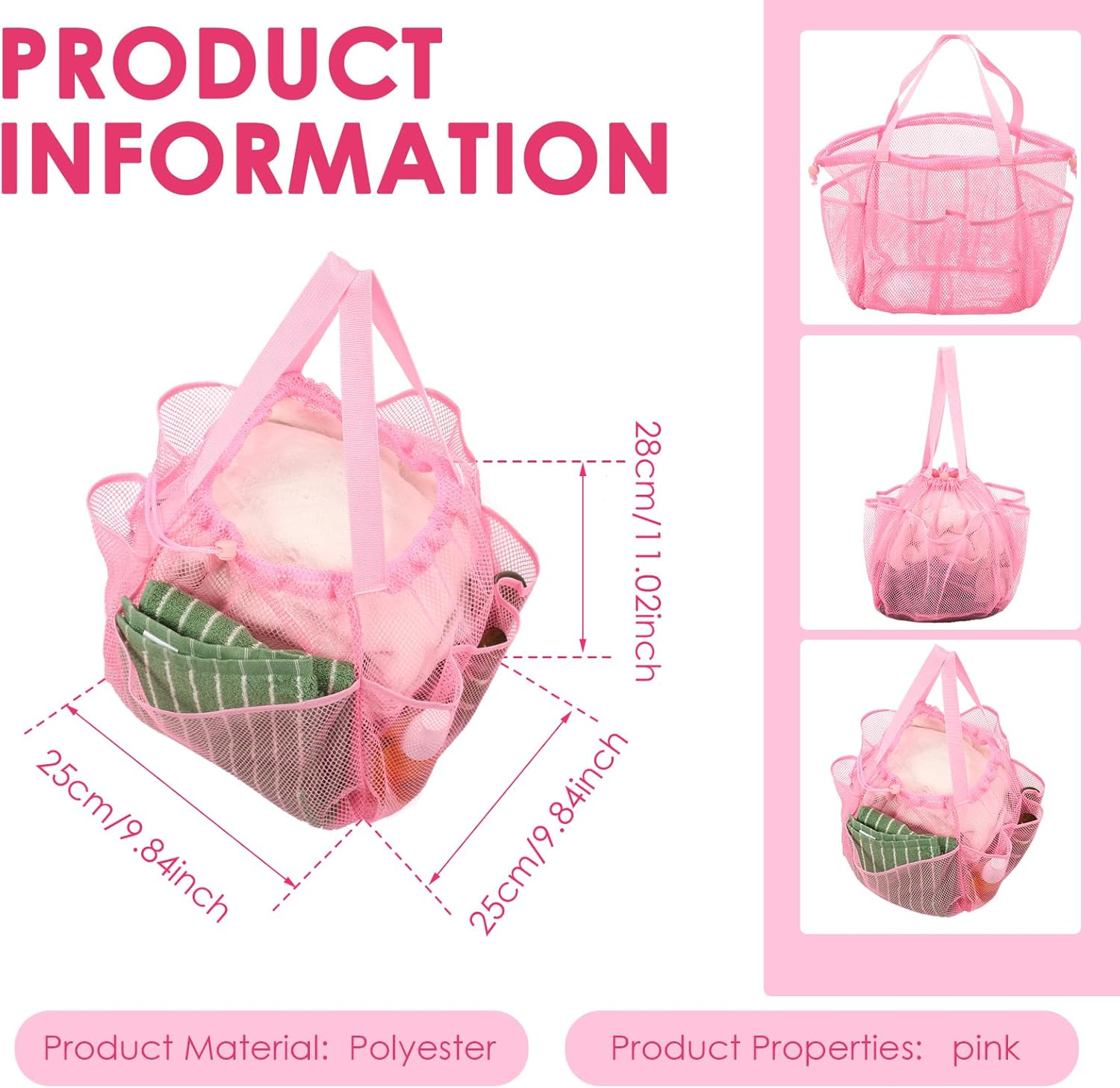 DJAPWPX Mesh Shower Caddy Double Handle Beach Toiletry Bag Drawstring Design Large Capacity for Travel Camping for People (Pink) - Pink image number 5