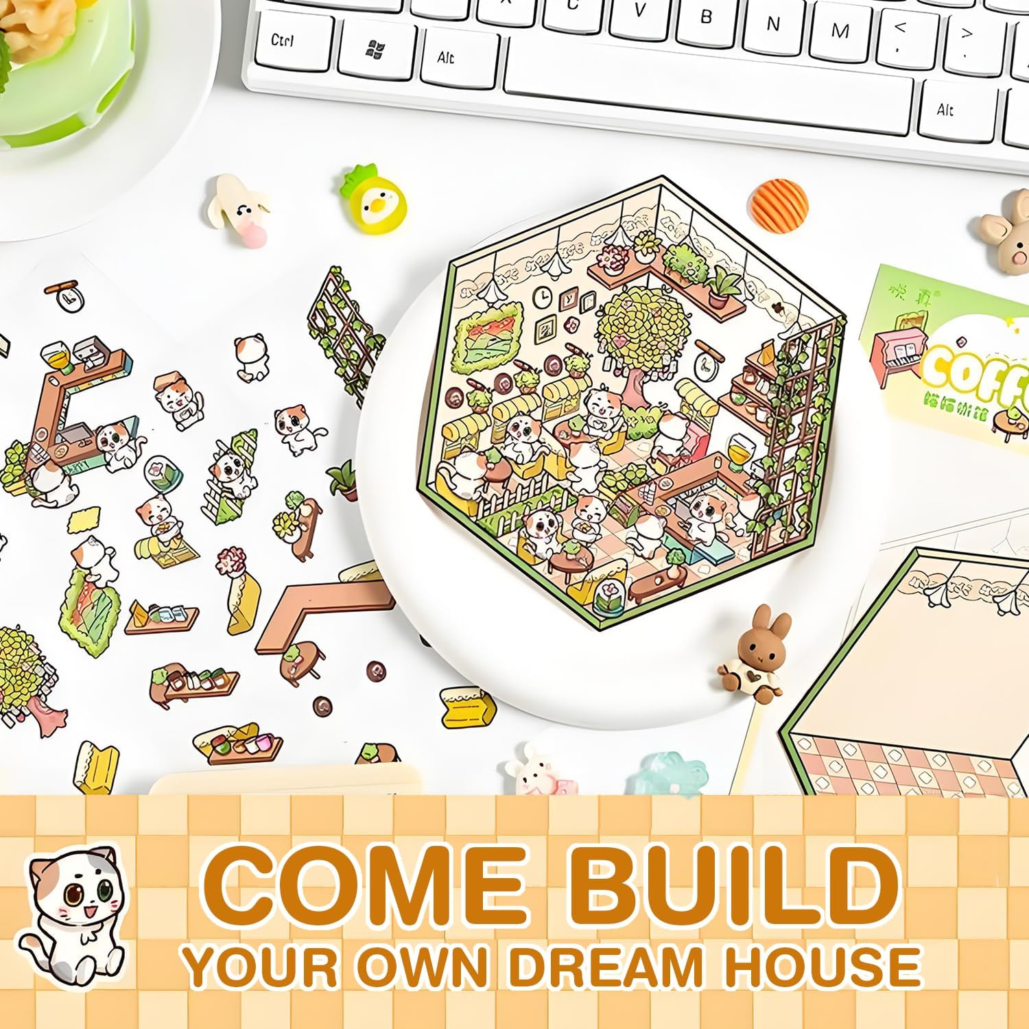 3D House Scene Stickers, 6 Sets Fun Stickers Scene Make Your Own Mini House Shop, Includes Cute Animal Shop Cartoon Stickers for Kids Girls Adults Pass the Time Relief Stress image number 5