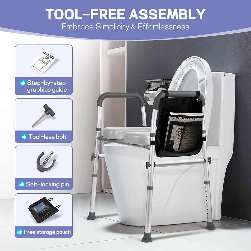 Raised Toilet Seat 8-Level Adjustable 17" - 24", 450 Lbs Capacity, Universal Toilet Riser with Armrests & Storage for Elderly, Pregnant Women Disabled image number 4