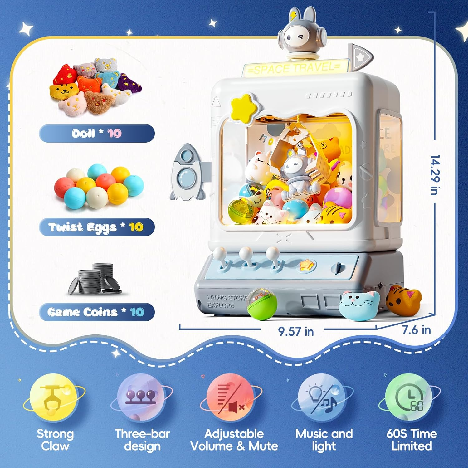 Skirfy Space Claw Machine for Kids, Mini Electronic Arcade Game Vending Machine，Candy Dispenser Arcade Game for Kids，Birthday Christmas Gifts for Girls Boys(Blue) image number 4