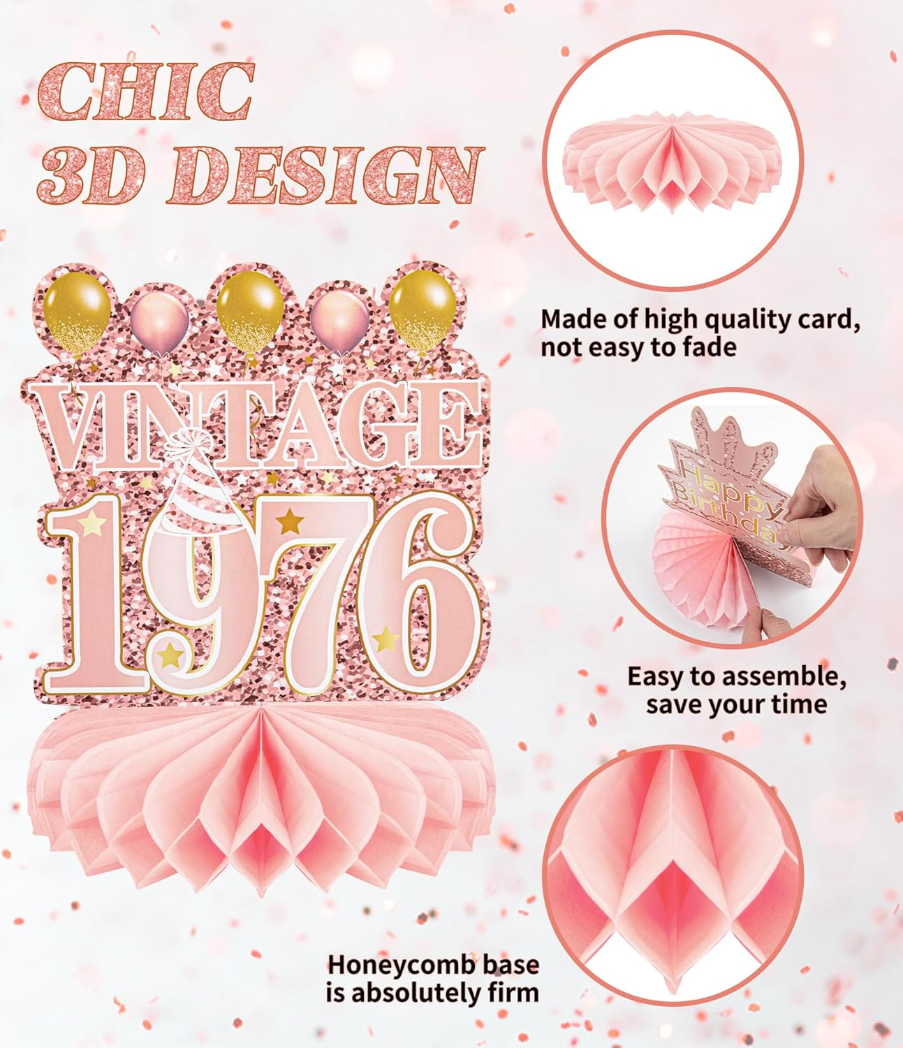 9 Pcs 50Th Birthday Decoration for Women Happy 50Th Birthday Table Honeycomb Decorations Rose Gold Pink Centerpieces Tables Toppers 1975 Decor Cheers to 50 Years Old Birthday Party Favors - 40Th-New image number 7