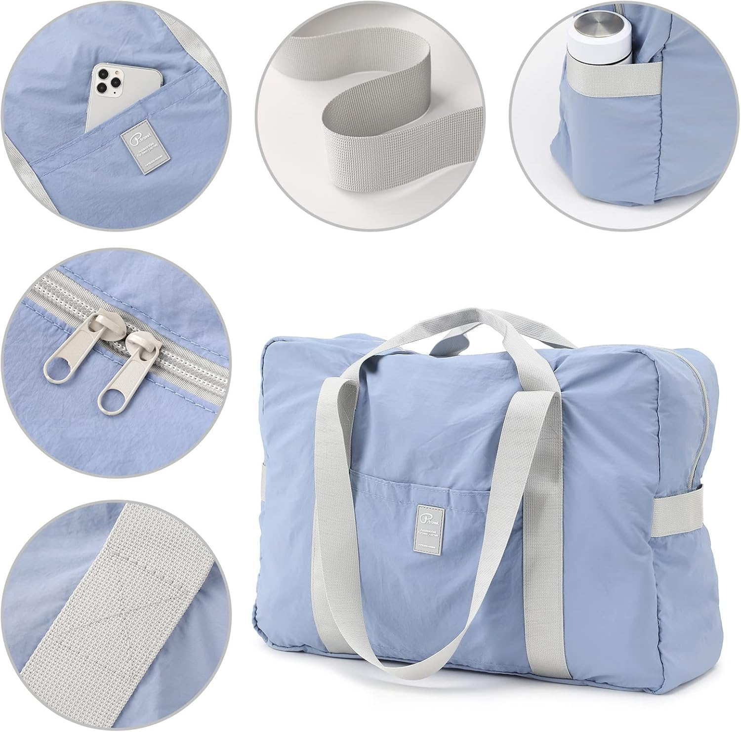 Foldable Travel Duffel Bag, Sports Duffels Gym Bag, Rainproof Nylon Totes, Lightweight Duffle Bags for Women & Men, Outdoor Vacation Weekend Bag by Vanfn P.Travel Series (Matte Blue) - Gray image number 4