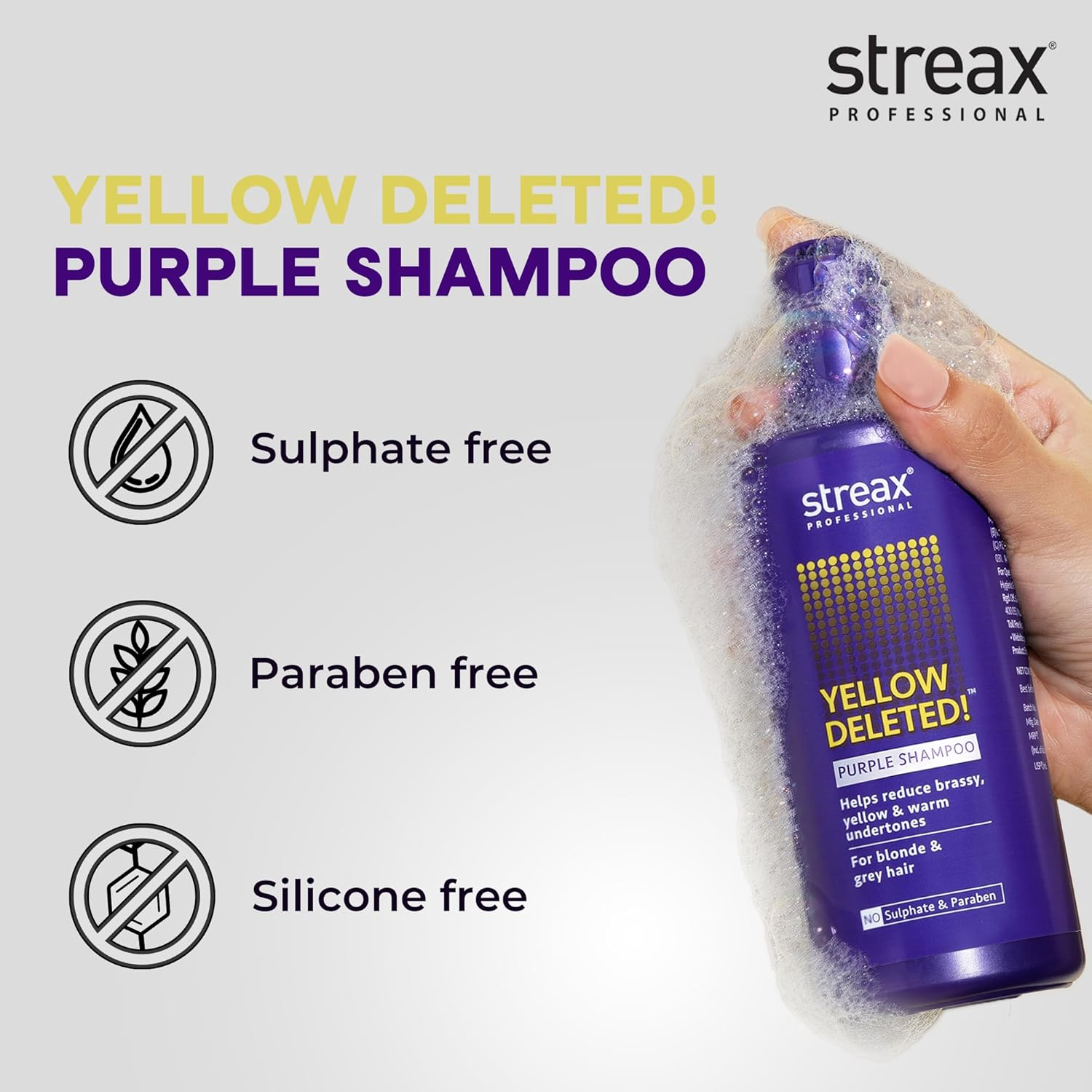 Streax Professional Yellow Deleted! Purple Shampoo, 300 Ml I for Prelightened, Blonde & Grey Hair I Sulphate & Paraben Free image number 5