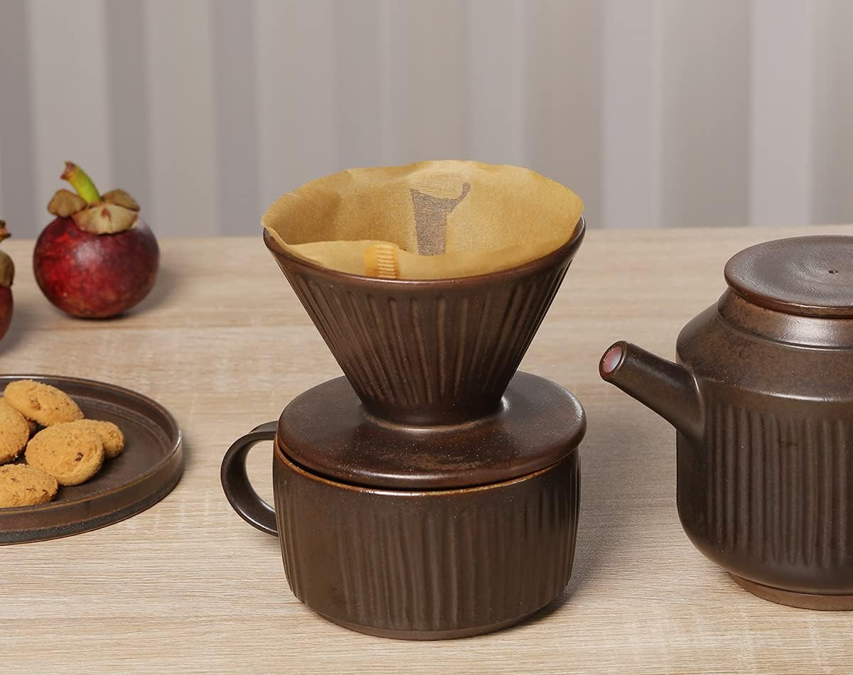 Pottery Pour over Coffee Maker, Ceramic Cone Filter Hand Drip Coffee Dripper, Reusable Stoneware Pourover Coffee Brewer, Size 02 (Rustic Chocolate Brown) image number 3