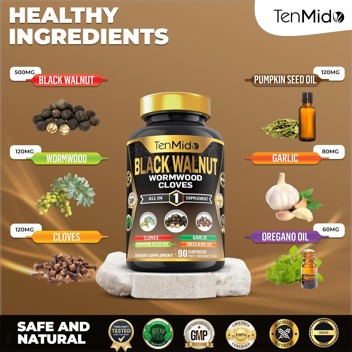 Black Walnut, Wormwood, Cloves Supplements - 6In1 Blend with Pumpkin Seed, Garlic, Oregano - Gut & Digestive Health Support - 90 Vegan & Non-Gmo Capsules image number 5