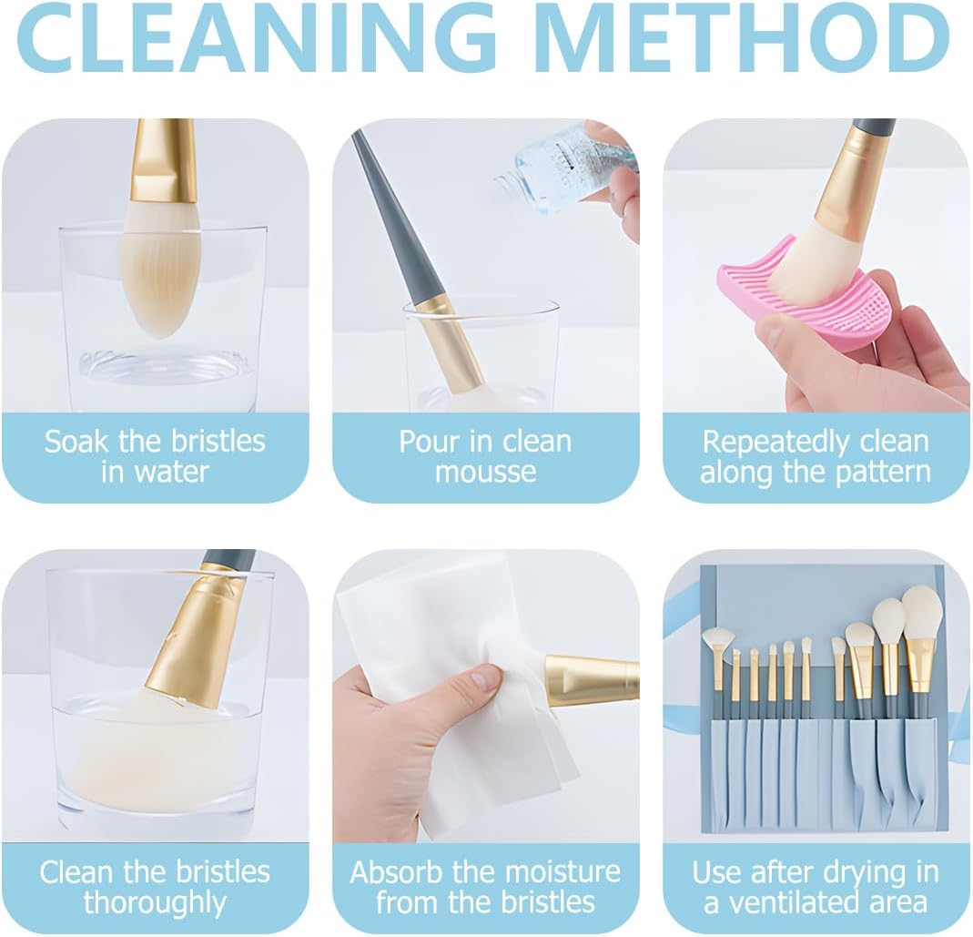 10 Pieces Professional Makeup Brush Set Cosmetic Brushes for Eyeshadow Eyebrow Foundation with Cosmetic Bag (Blue) image number 5