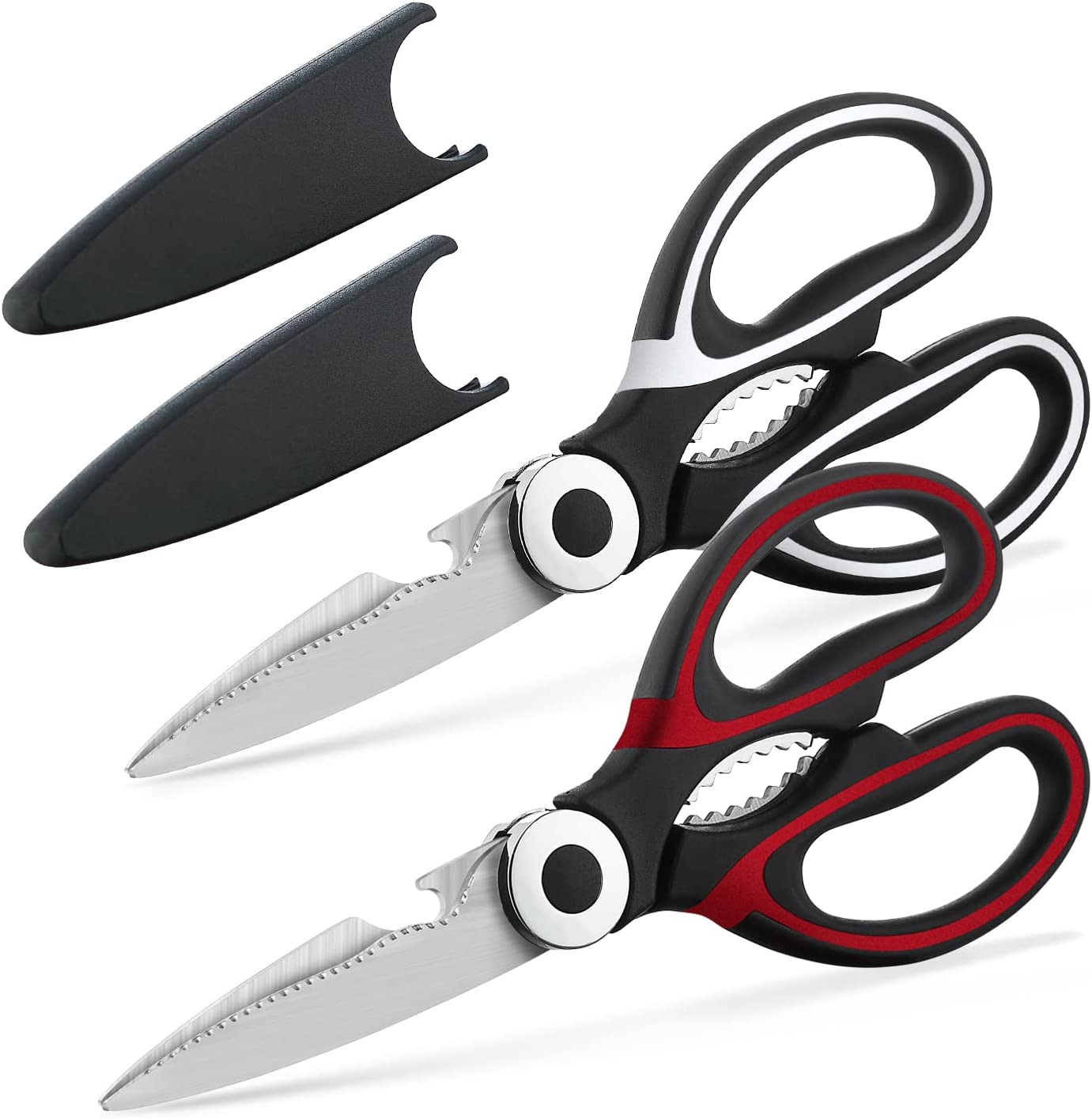 Kyraton Kitchen Scissors Heavy Duty 2 Pieces, Stainless Steel Sharp Cooking Shears with Cover, Multipurpose Cooking Scissors for Meat Chicken Bone Veg Poultry Fish. Dishwasher Safe Food Scissors.