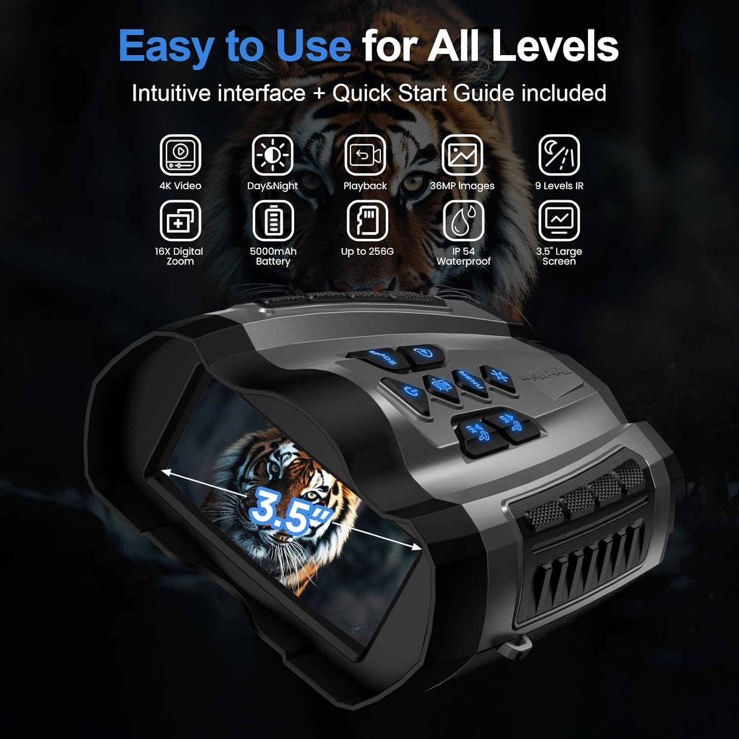 Night Vision Goggles, 4K Infrared Binoculars with Camera, 9 Gear Night Vision with 5000Mah Battery, 16X Digital Zoom Nightvision with 32GB TF Card, 3.5" HD Binoculars Gift for Mens - Light Gray image number 2