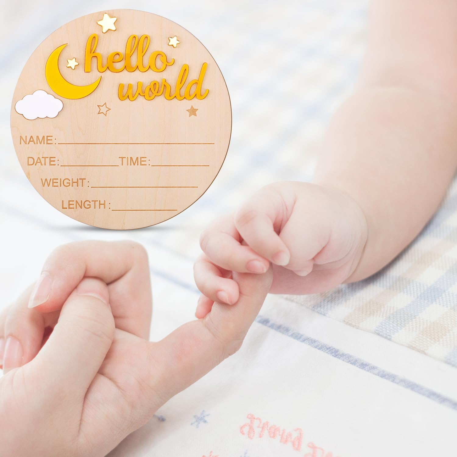 Wooden Hello World Newborn Sign, Cute Birth Announcement Board Baby Announcement Sign Newborn Welcome Sign Baby Name Plaque for Nursery Hospital Girl Boy Baby Shower Photo Props(Yellow) image number 2