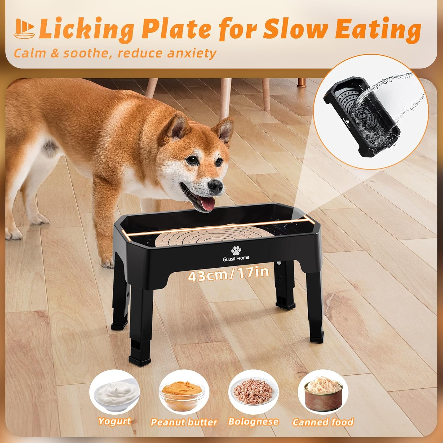 GUUSII HOME Elevated Dog Bowl with Stand Raised Feeding Station for Large Medium Small Sized Dogs Licking Plate Slow Food and Water Dish Set Adjustable Height 43.5 * 26.7 * 16/28.7/32.7/36.7Cm 1600Ml image number 6