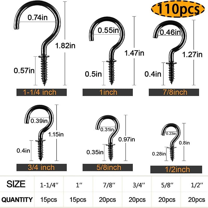110-Pack Black Screw Hooks, 6 Sizes (1/2" to 1-1/4") Metal Cup Hooks for Hanging &ndash; Heavy Duty Hardware Hooks for Kitchen, Garage, DIY & Home Organization image number 1