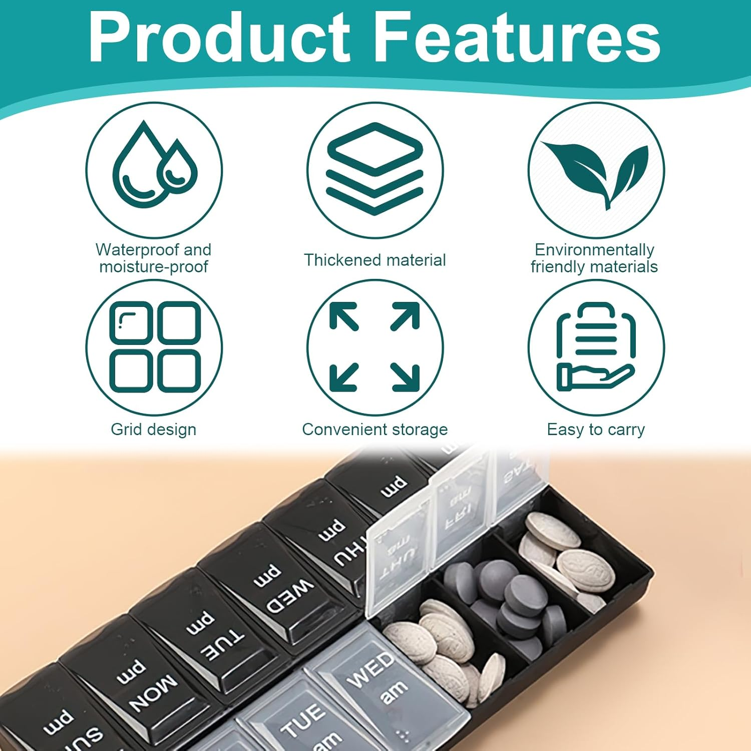 Bushhaven Pill Organiser Box - Weekly 7-Day AM/PM Pill Case with 14 Removable Compartments for Vitamins, Fish Oil, Supplements & Medication | Portable Travel Pill Organiser Box (Black) image number 1