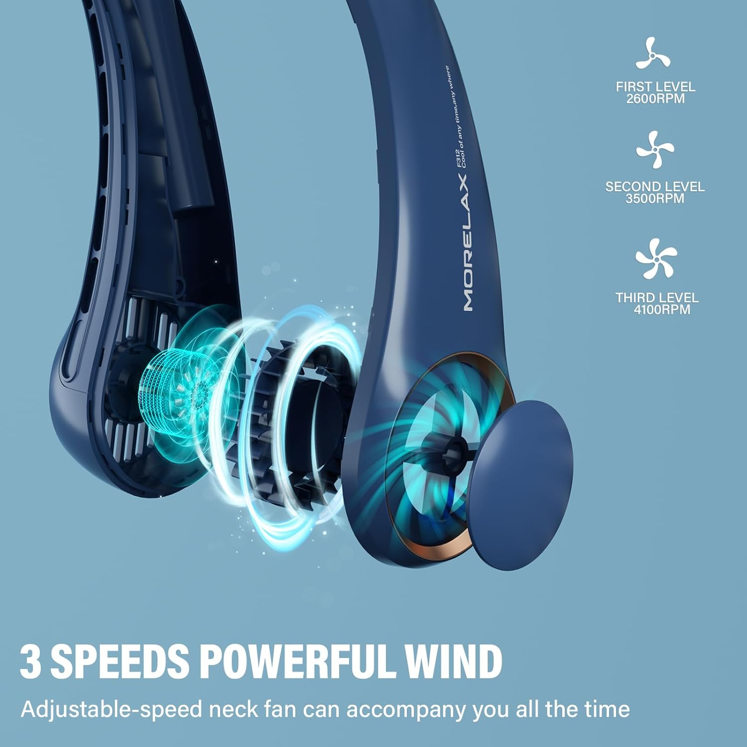 Morelax Portable Neck Fan Rechargeable, Hands Free Bladeless Fan, Wearable Quiet Fan for Outdoor Indoor, 3 Speeds Adjustable, 4000 Mah Battery Operated, Home, Office, Travel, Sports(Blue), Small image number 1