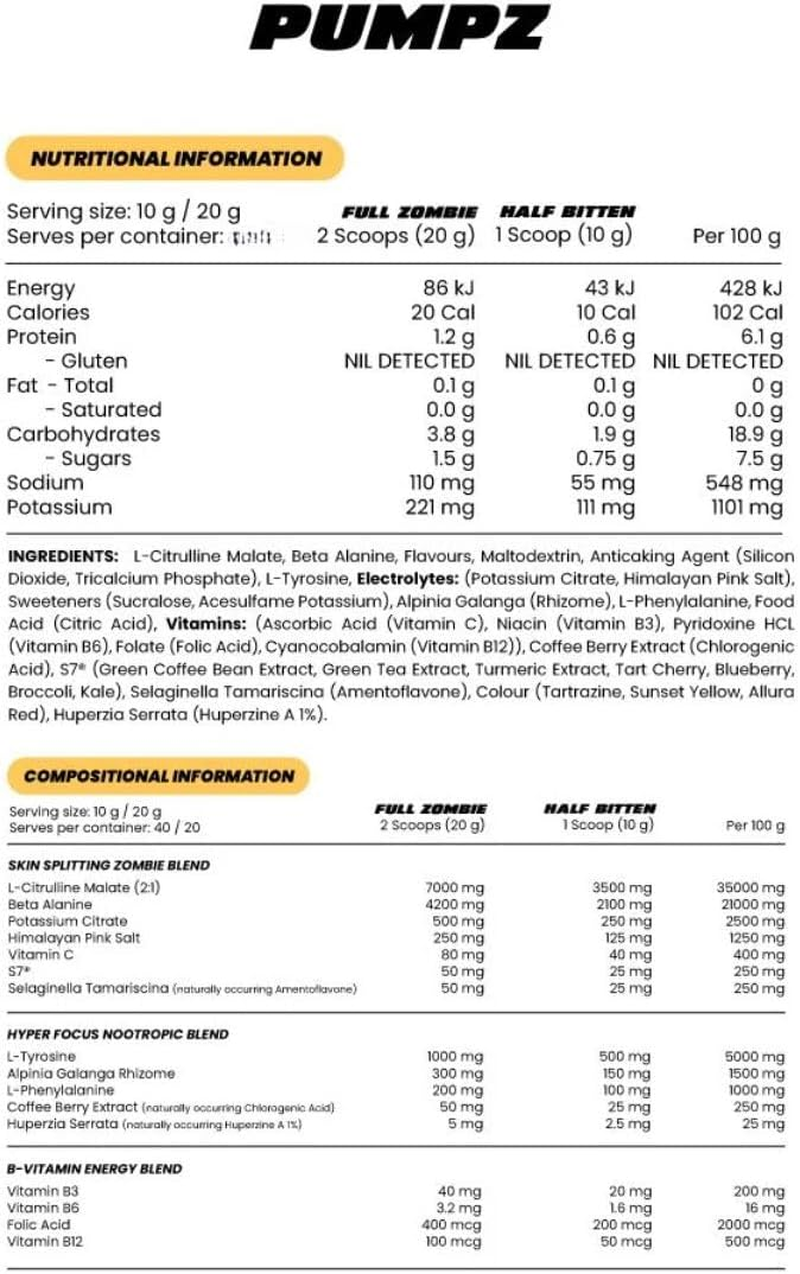 Zombie Labs Pumpz Non-Stim Pre Workout Watermelon 10 Serve image number 1