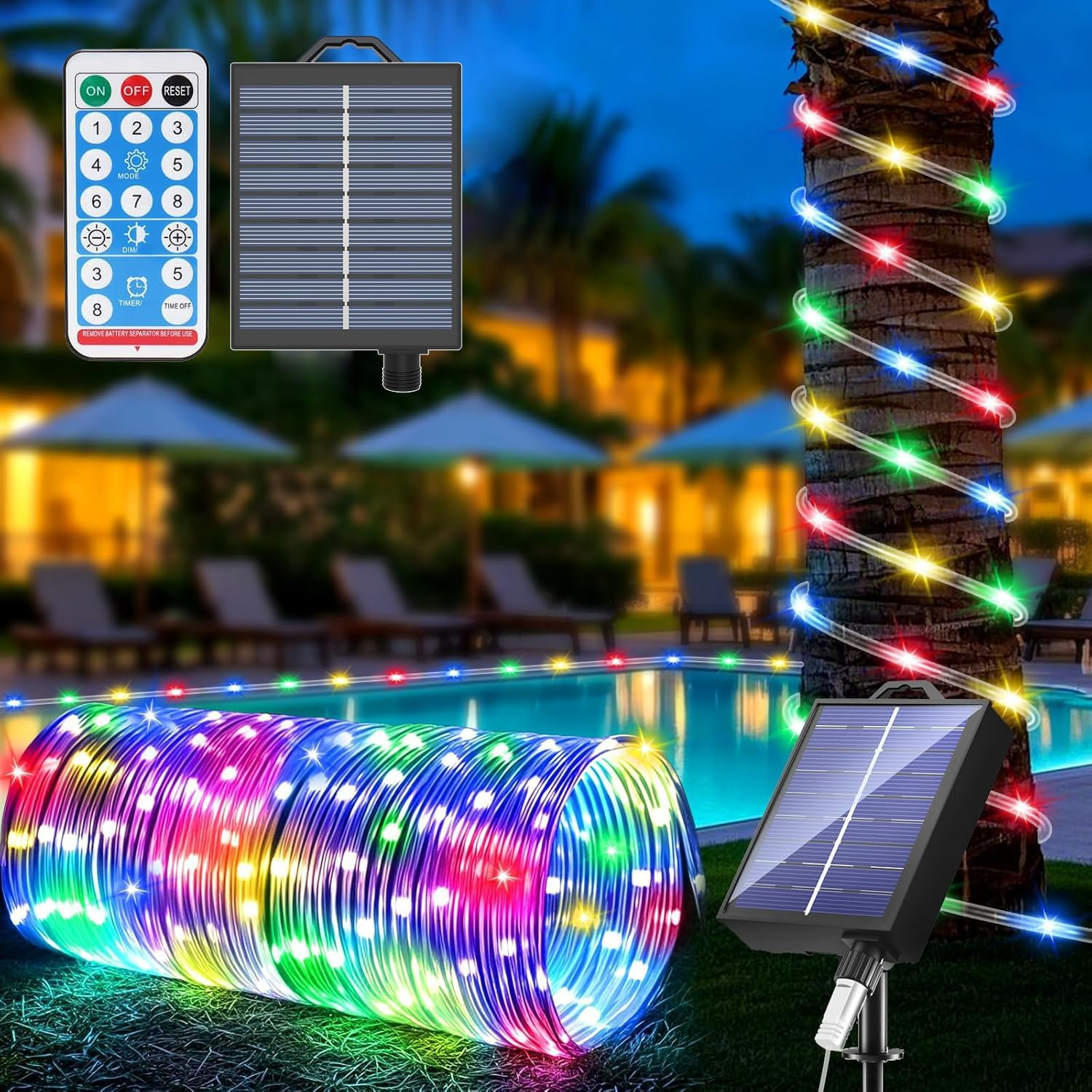 Kousee Outdoor Solar LED Rope Lights, IP65 Waterproof Rope Light 12M/39.4Ft 100Leds Solar Decoration Lights with 8 Lighting Modes, Rope Fairy Light for Garden Tree Party Christmas Decoration- Blue