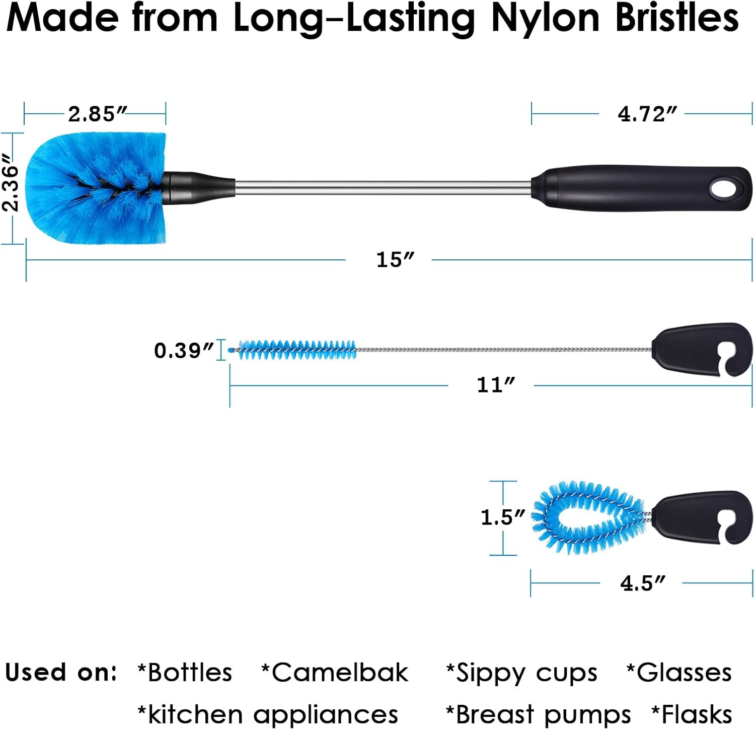 3-In-1 Stainless Steel Water Bottle Brush Set, Long Handle Water Bottle Scrubbing Brush, Built for Cleaning Narrow Neck Bottles, Sport Bottles, Coffee Mugs, Tumblers, Flask, round Head image number 1