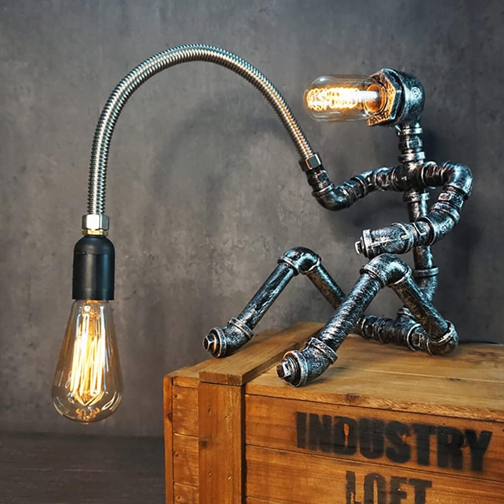 HAMOQI Steampunk Table Lamp Water Pipe Robot Vintage Industrial Style Desktop Cool Table Lamp for Bedside Cafe Bar Night Light Desk Decorations Birthday New Year Gifts image number 5