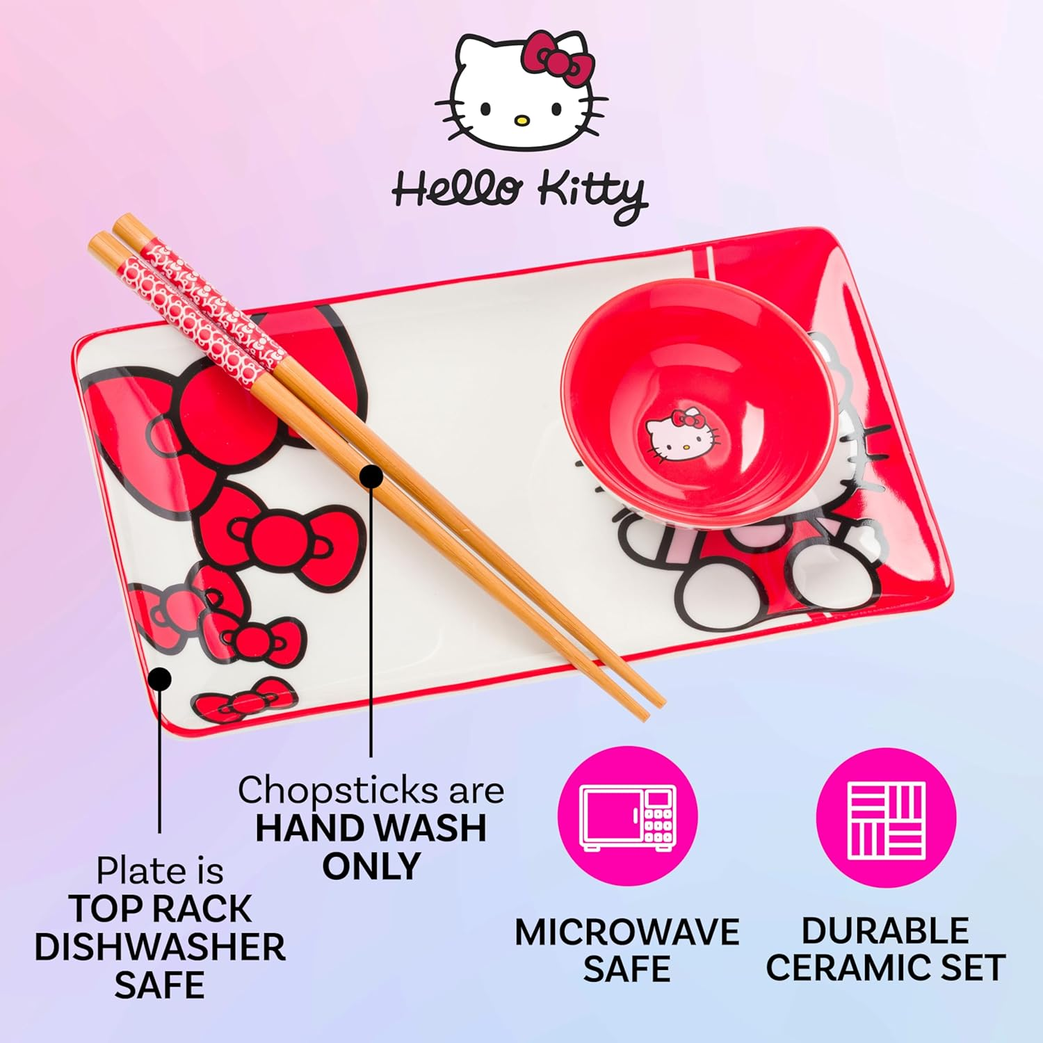 Silver Buffalo Hello Kitty Red and White Classic Boxed 3Pc Ceramic Sushi Set image number 3