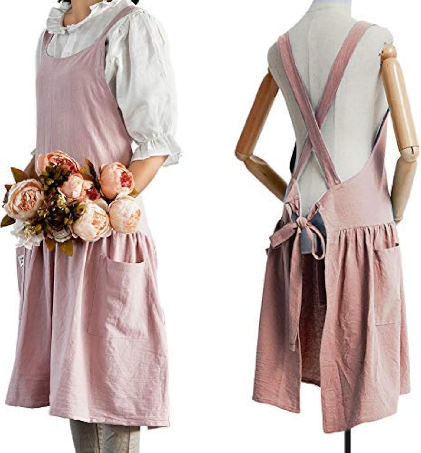 Japanese Cotton Linen Apron Adjustable for Women with Pockets, Fashion Pinafore Dress for Cooking Painting Gardening image number 6