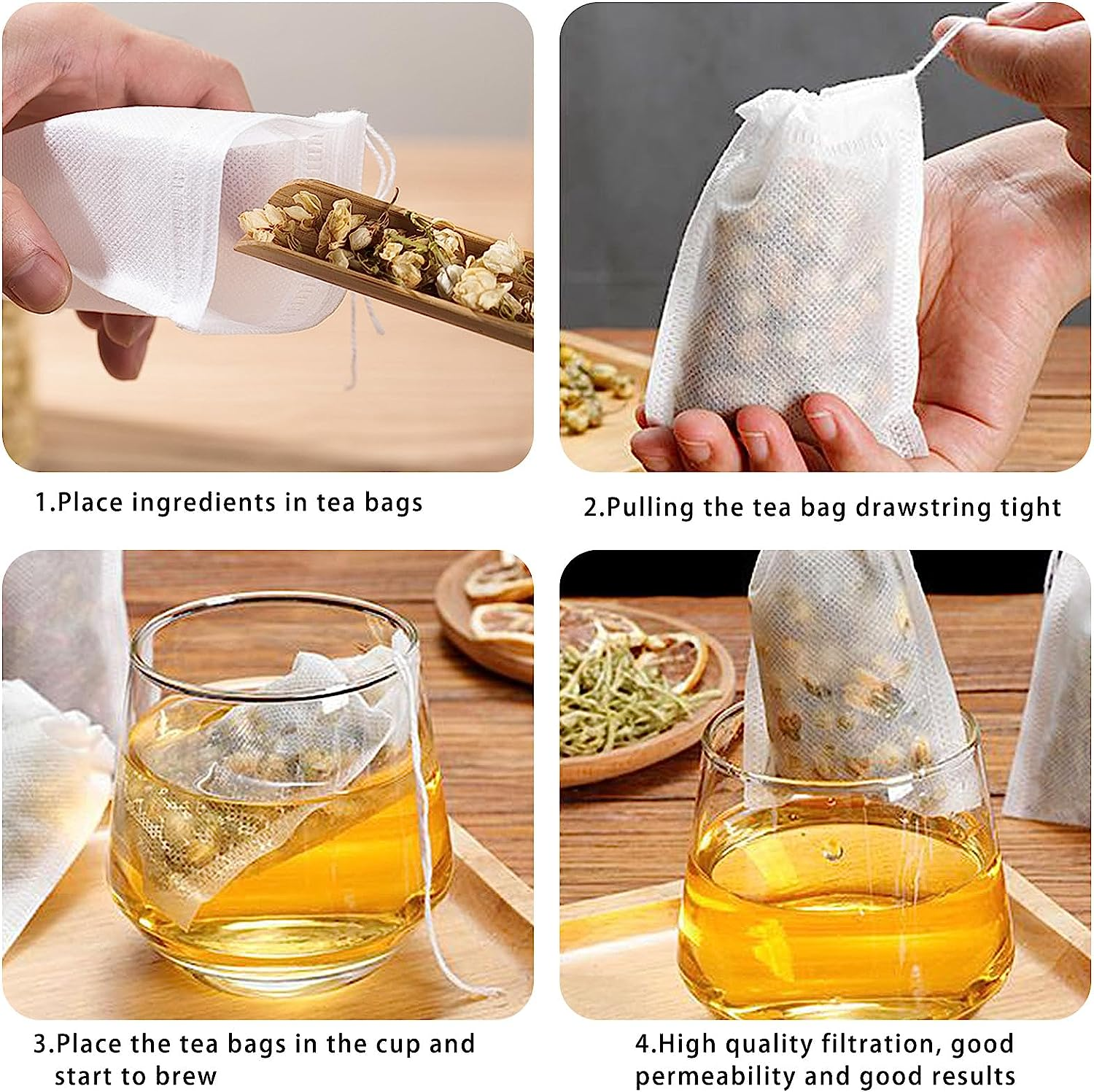 300 Pcs Tea Filter Bags, YEESON Disposable Empty Tea Bags White Cotton Drawstring Sealed Filter Tea Bags for Tea, Coffee, Herbs, Spices, Soup Flavour Packs Etc Plain Fine Fabric Drawstring Ba image number 4