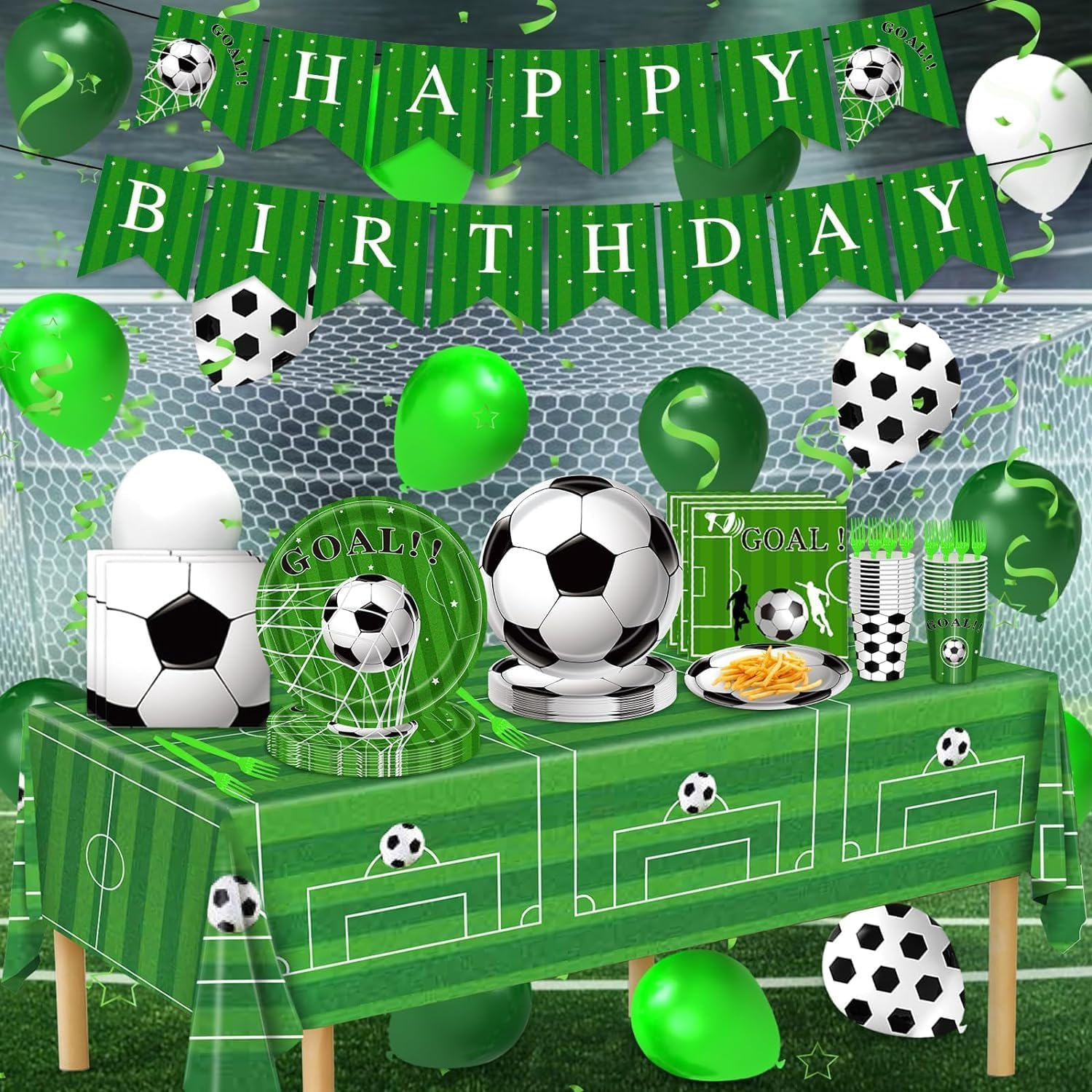 Soccer Party Decorations, 143Pcs Soccer Birthday Party Supplies Serves 24 with Soccer Plates and Tablecloth and Birthday Banner Balloons for Soccer Sports Theme Birthday Decorations