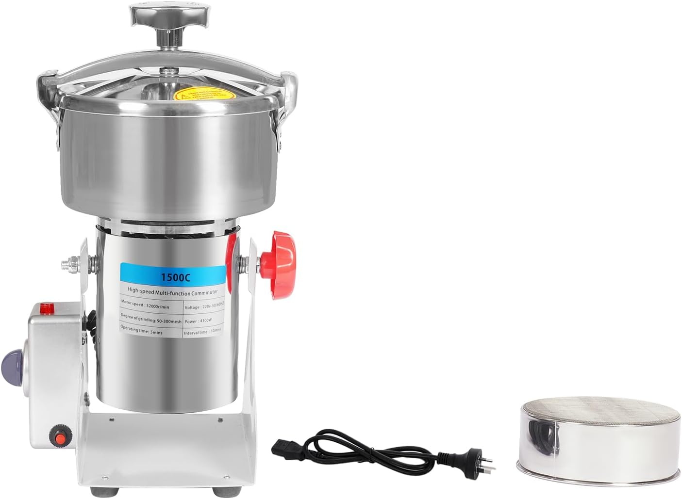 Electric Grain Mill Grinder, 1500G High Speed Commercial Dry Grain Grinder W/Pressured Lid, 4100W 304 Stainless Steel Spice Grinders for Grains, Millet & Spices for Commercial & Home Use