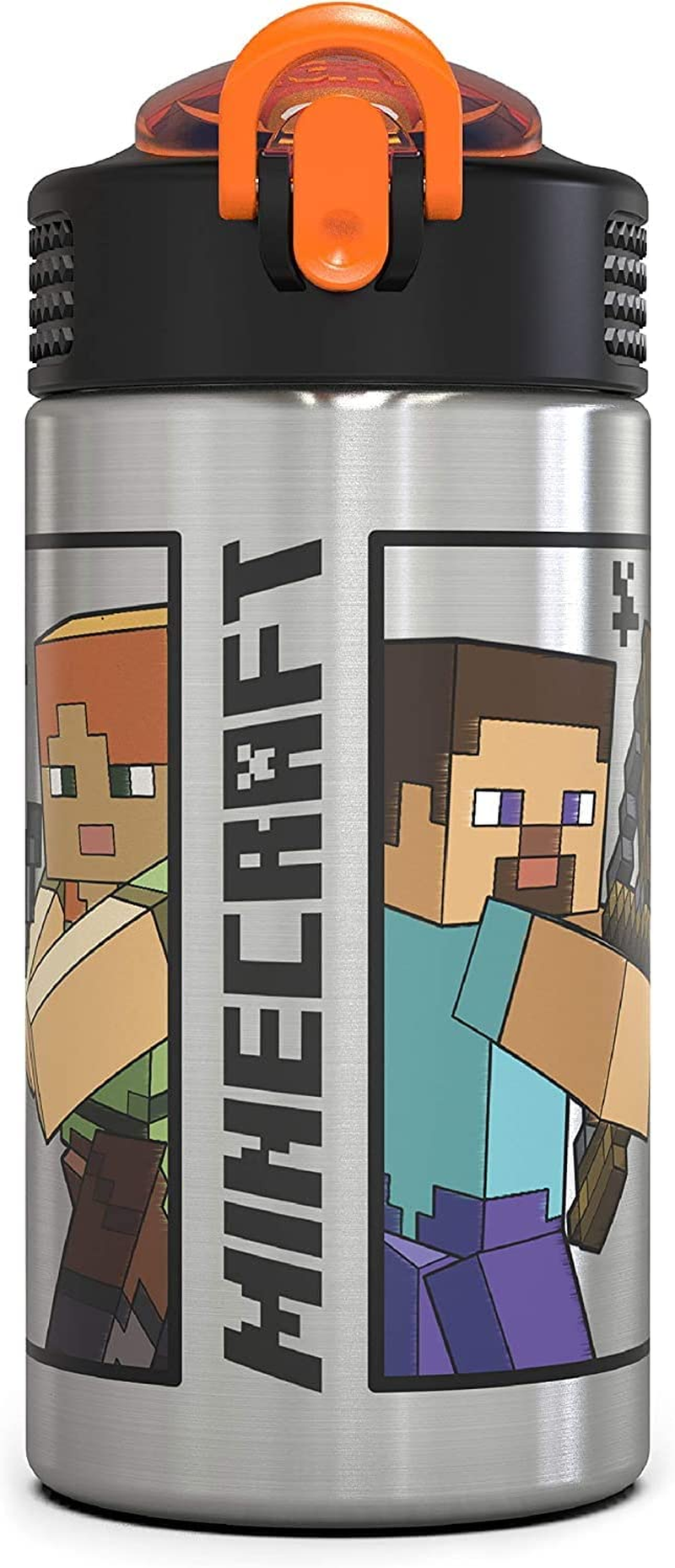 Zak Designs Minecraft - Stainless Steel Water Bottle with One Hand Operation Action Lid and Built-In Carrying Loop, Kids Water Bottle with Straw Spout Is Perfect for Kids (15.5 Oz, 18/8, Bpa-Free) image number 4