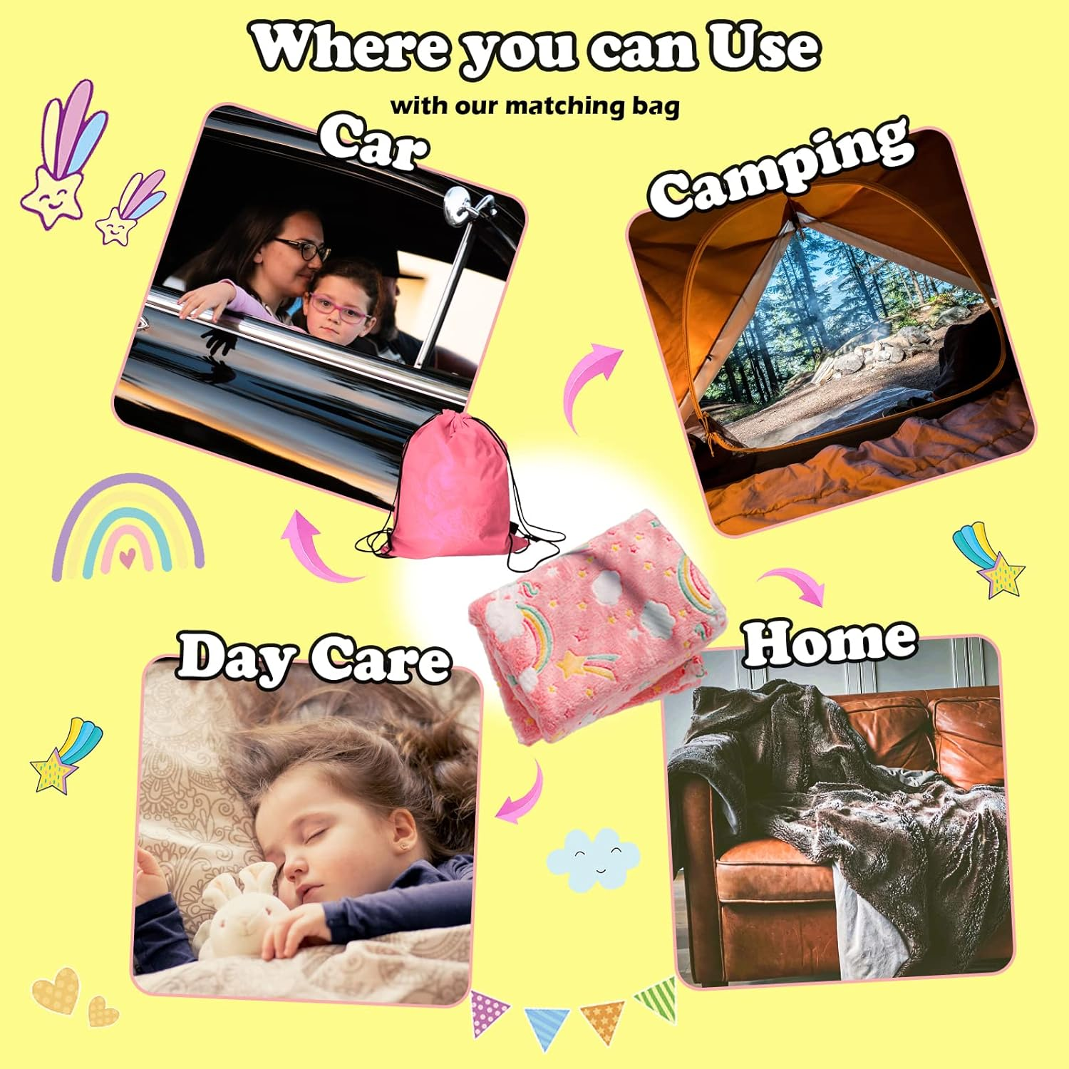 Best Gift Glow in the Dark Rainbow Throw Blanket with Storage Bag, Soft Throw Blanket for Girls Boys, Gifts for Christmas Birthday Valentines, Kids Blanket, Home Travel Use, 50"X60" Red image number 5