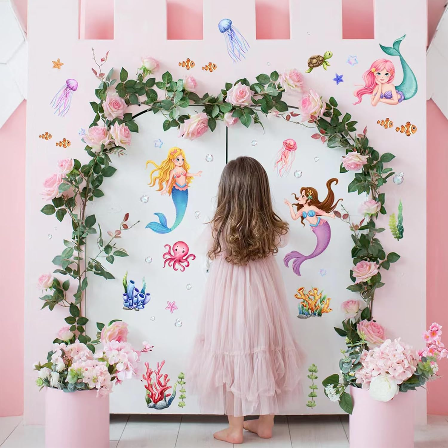 Underwater Mermaid Wall Decals, Ocean Theme Wall Decals Sea Creatures Turtle Wall Stickers Bathroom Girls Bedroom Baby Nursery Wall Decor image number 4