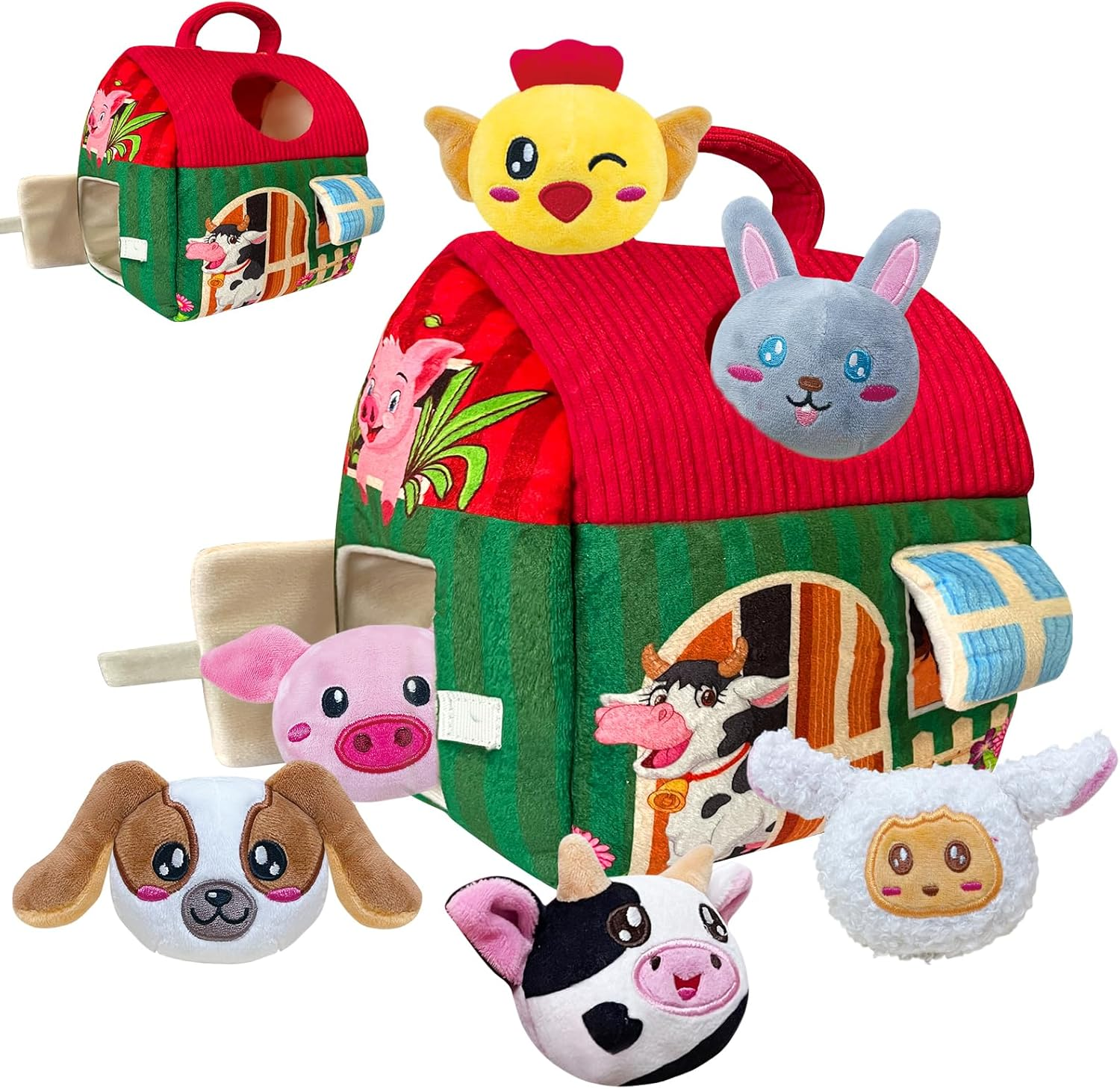 Farm Animal Montessori Baby Toys 6-12 Months, House with 6 Stuffed Jungle Animals for Babies with Rattle, Tummy Time Toddlers, Sensory Toys for Babies Boy Girl Birthday Gifts