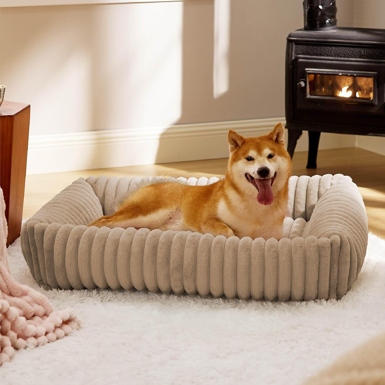 Pet Couch Bed for Large Dogs - Washable Furry Puppy Beds, Rectangle Orthopedic Corduroy Fleece Pet Beds with Removable Zipper Cover (Beige, 92 X 69 X 20 CM) image number 1