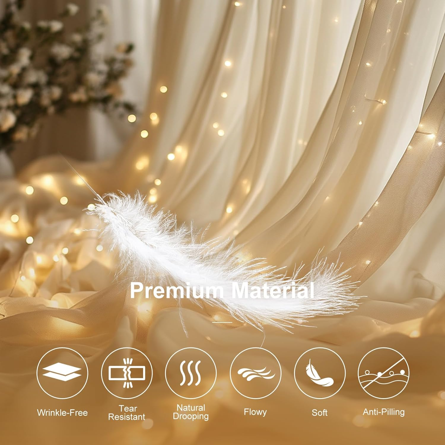 HOLITS Tulle Backdrop with Fairy Lights for Parities Wrinkle-Free Sheer Curtain Drapes Photo Back Drop for Wedding Baby Shower Bridal Shower Birthday Home D&eacute;cor-10Ft&times;8Ft, Champagne image number 5