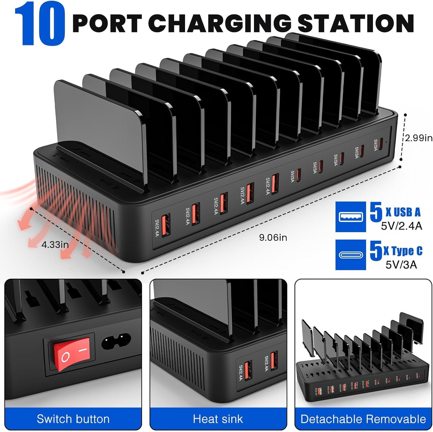100W USB C Charging Station for Multiple Devices - 10 Ports USB Charger Hub with Smart IC Tech, Flat Plug, Adjustable Dividers, Compatible with Iphone, Ipad, Galaxy, Tablet image number 6