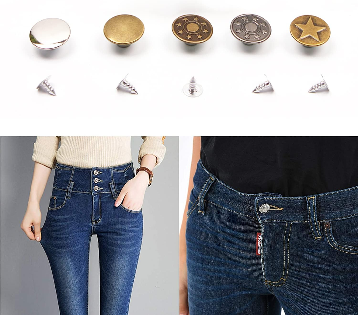 50 Sets Jeans Replacement Buttons, Betterjonny 17Mm Metal Buttons for Jeans Detachable Adjustable Jean Button Replacement with Plastic Storage Case for Jeans, Jackets, Shoe Caps (5 Types, 10 Each)