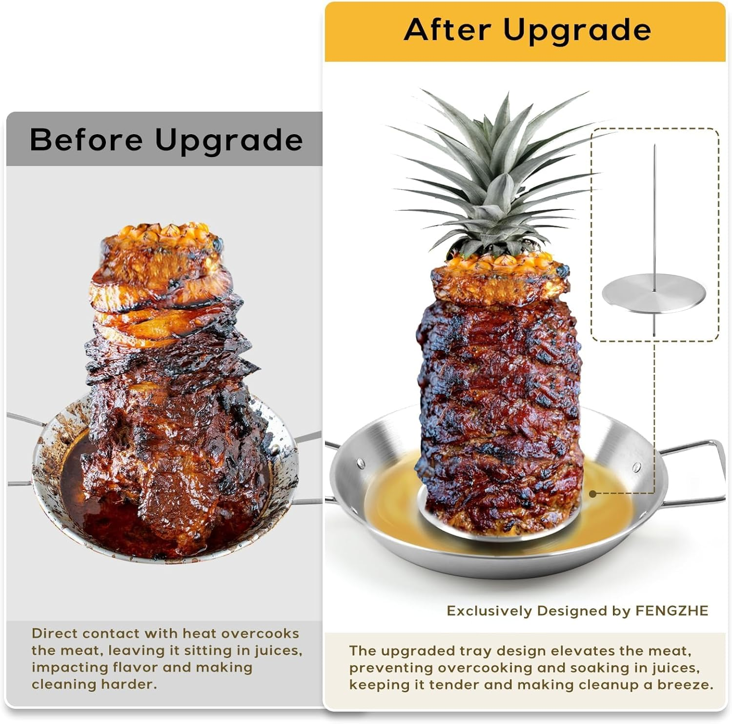 Lxjnfac Al Pastor Skewer for Grill：Stainless Steel Vertical Skewer, Brazilian Spit Stand with 3 Spikes,2 Brushes,Ideal for Tacos Al Pastor,Shawarma, Kebabs on Smoker, Oven,With Fat Separator Tray