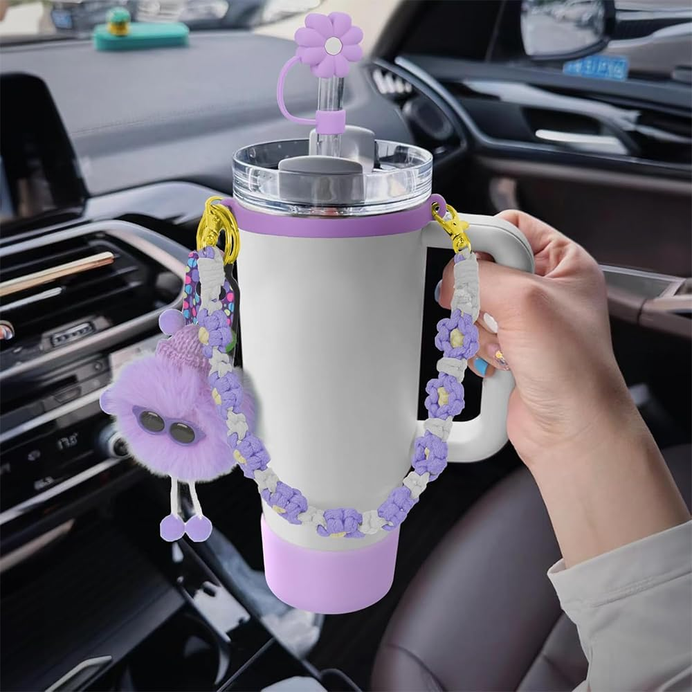 6 PCS Cup Accessories for Stanley Cup, Water Bottle Handle Strap for Stanley 30/40 Oz Tumbler with Handle, Including Straw Toppers, Silicone Cup Boot, Soot Sprite Keychain Charms - Purple image number 1
