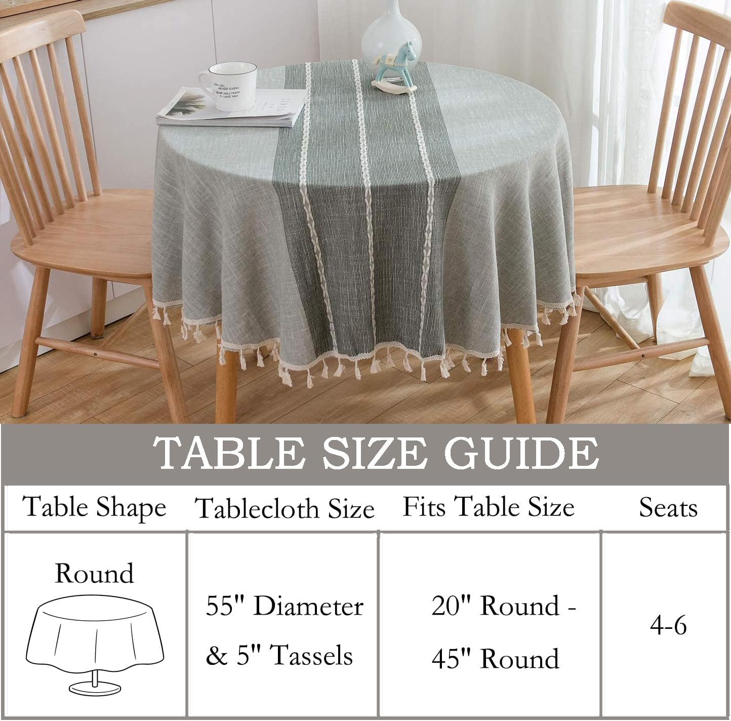 Colorbird Stitching Tassel Tablecloth Heavy Weight Cotton Linen Dust-Proof Table Cover for Kitchen Dinning Tabletop Decoration (Round, 60 Inch, Grey) image number 4