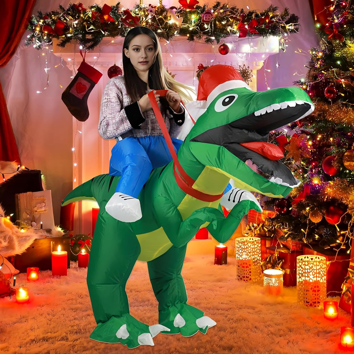 Inflatable Christmas Costume Blow up Funny Costume Suit Unisex Costumes Adult Cosplay Outfit (Christmas Dinosaur) - Gingerbread Man image number 6