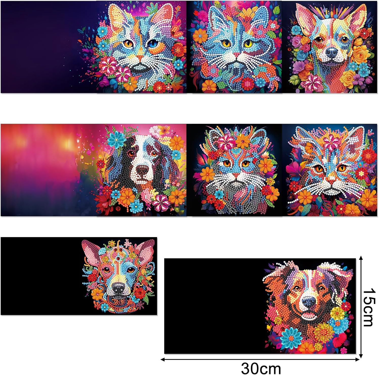 Pigpigboss 8 Packs Cat and Dog Diamond Painting Greeting Card Kit, Special Shaped Flower Animal Face Diamond Art Birthday Thank You Cards with Envelope for Adult Beginner Holiday Blessing image number 2