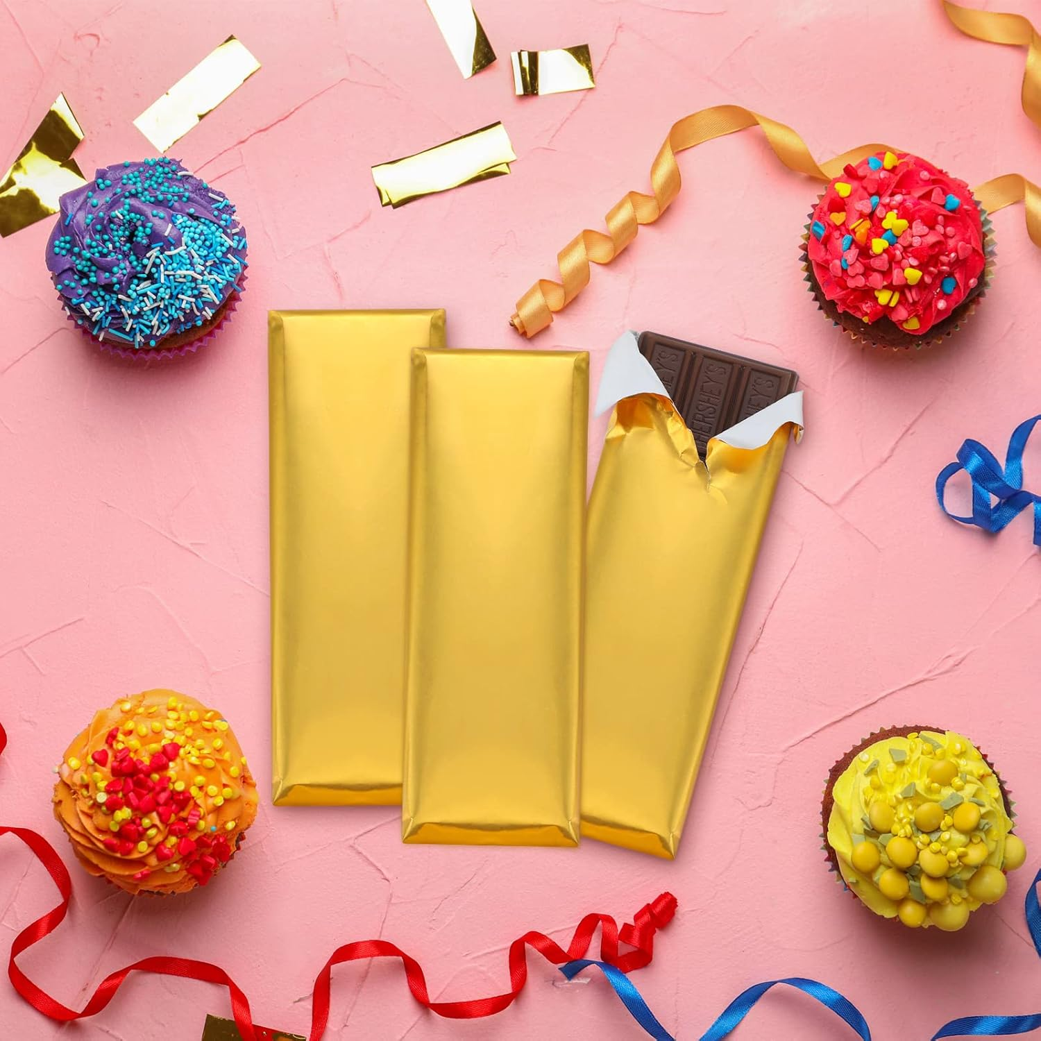 Tanlade 200 Pcs Gold Aluminium Chocolate Candy Wrappers with Thick Paper Backing, 7.5 X 6 Inch, Party, Occasion: Christmas image number 5