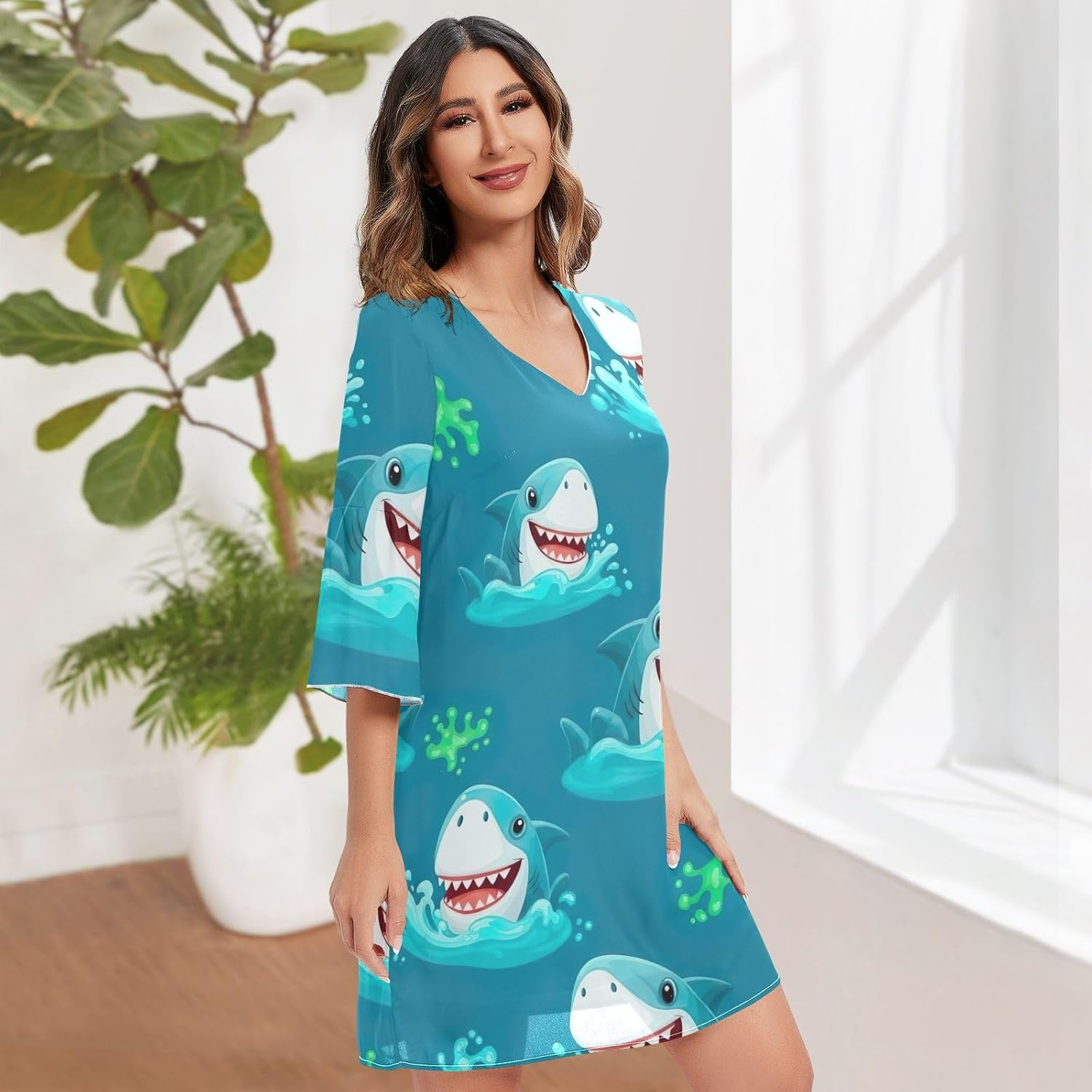 Cartoon Sharks Heads Western a Line Dress Printed Line Maternity Dress image number 5