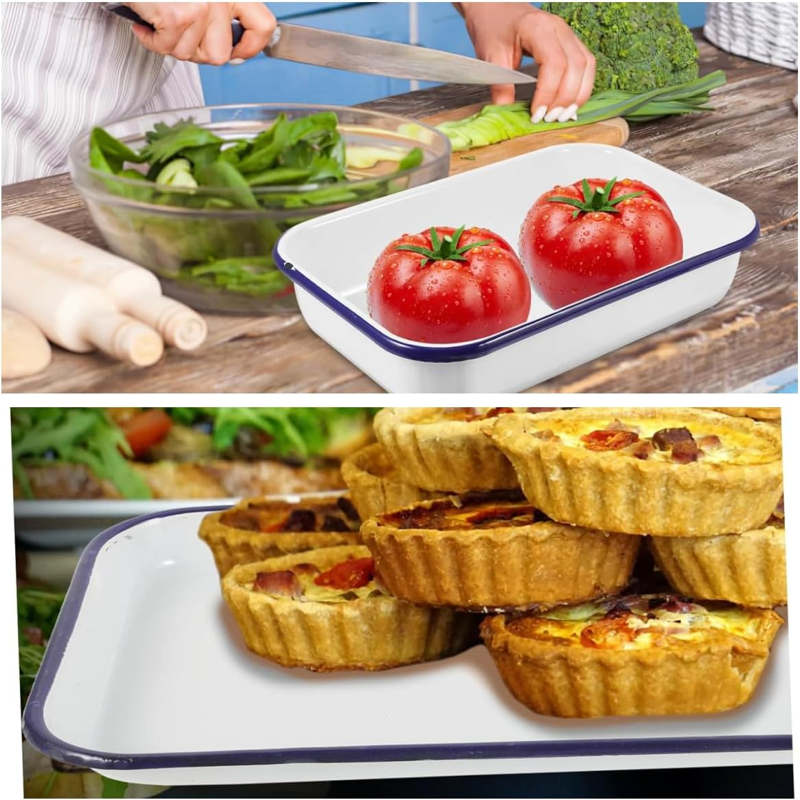 2-Piece Enamel Baking Dish Set - Rectangular Multi-Functional Roasting Pan and Serving Tray for Cakes, Pies Home Kitchen or Restaurant Use. image number 3