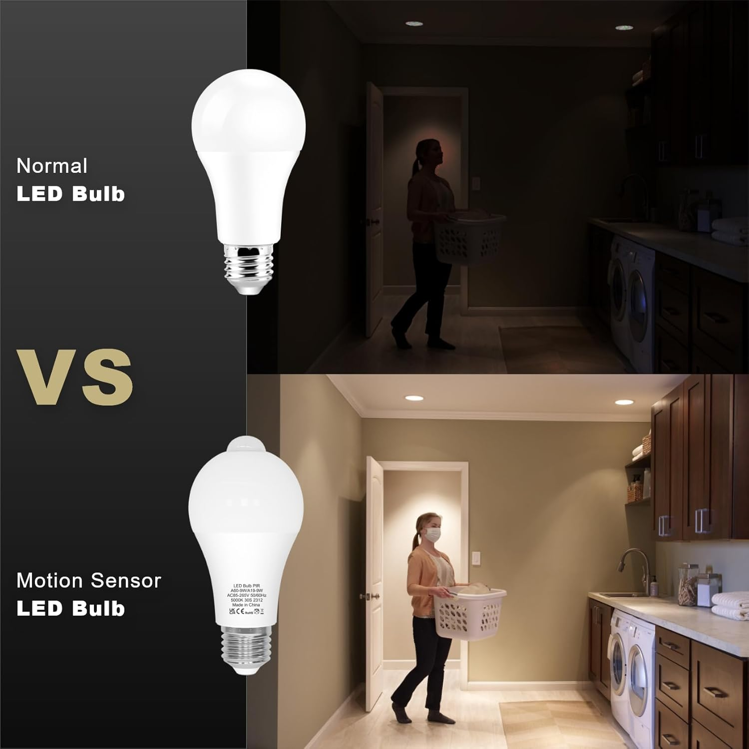 LUTW Motion Sensor Light Bulb, E27 Screw Bulb Equivalent 60W Incandescent, Daylight White 5000K 9W 900LM, Auto On/Off Indoor Outdoor Security LED Bulb for Garage, Stairs, Hallway Basement, 2 Pack - Warm White 3000K image number 4
