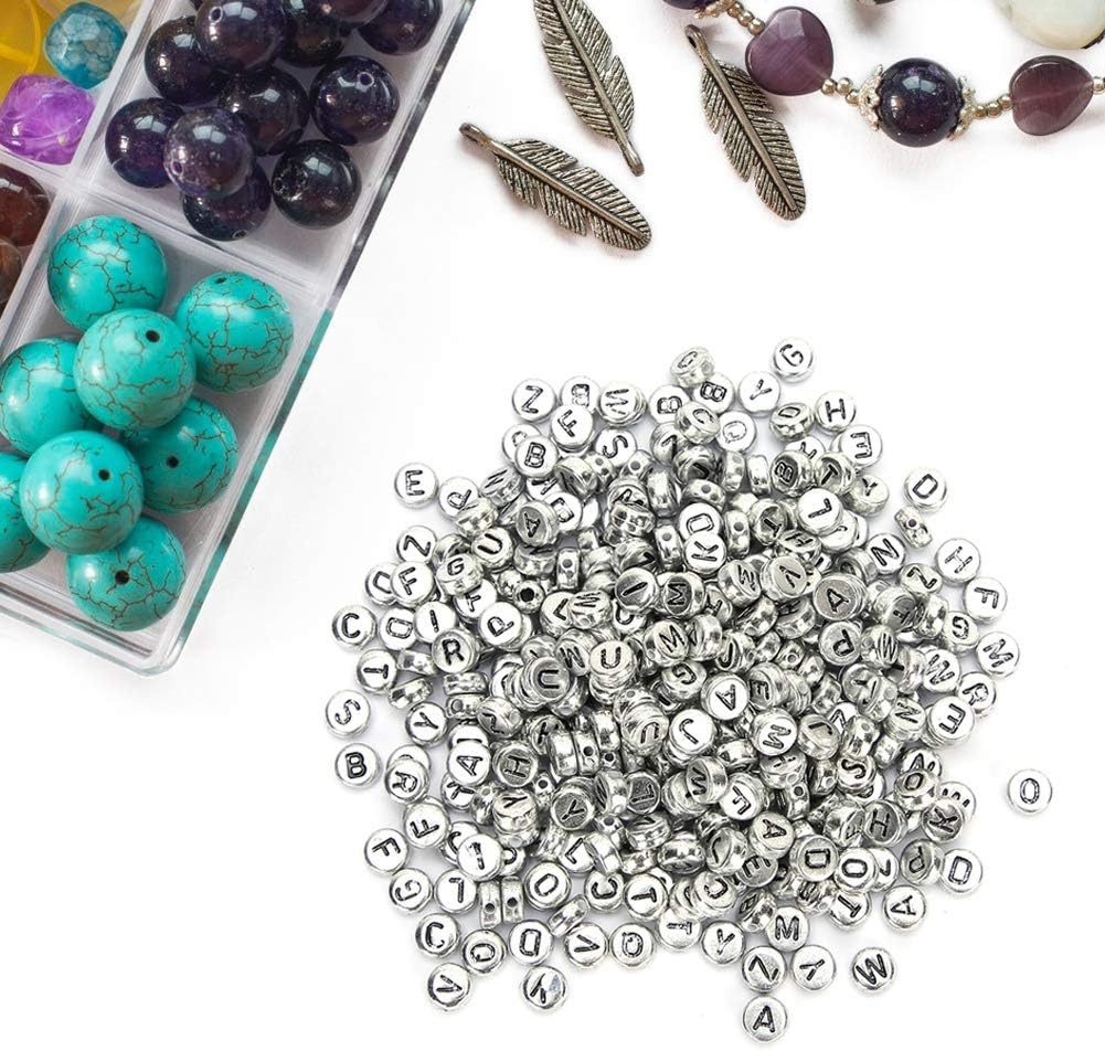Folany 500Pcs Silver Acrylic round Letter Beads, A-Z Alphabet, Plastic, 4X7Mm, DIY Craft image number 5