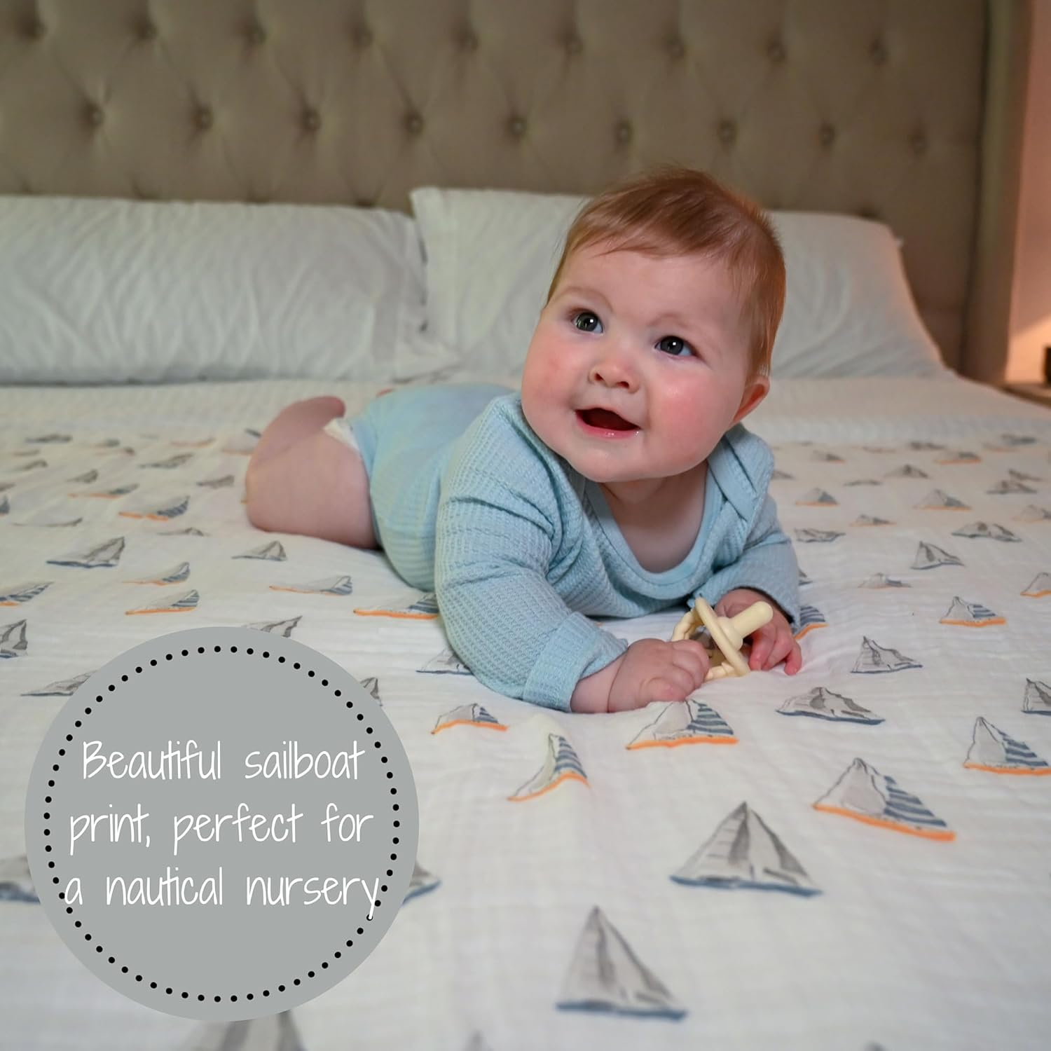 Lollybanks Swaddle Blanket | 100% Muslin Cotton | Gender Neutral Newborn and Baby Nursery Essentials for Girls and Boys, Registry | Sailboat Print - Sailing Away image number 6