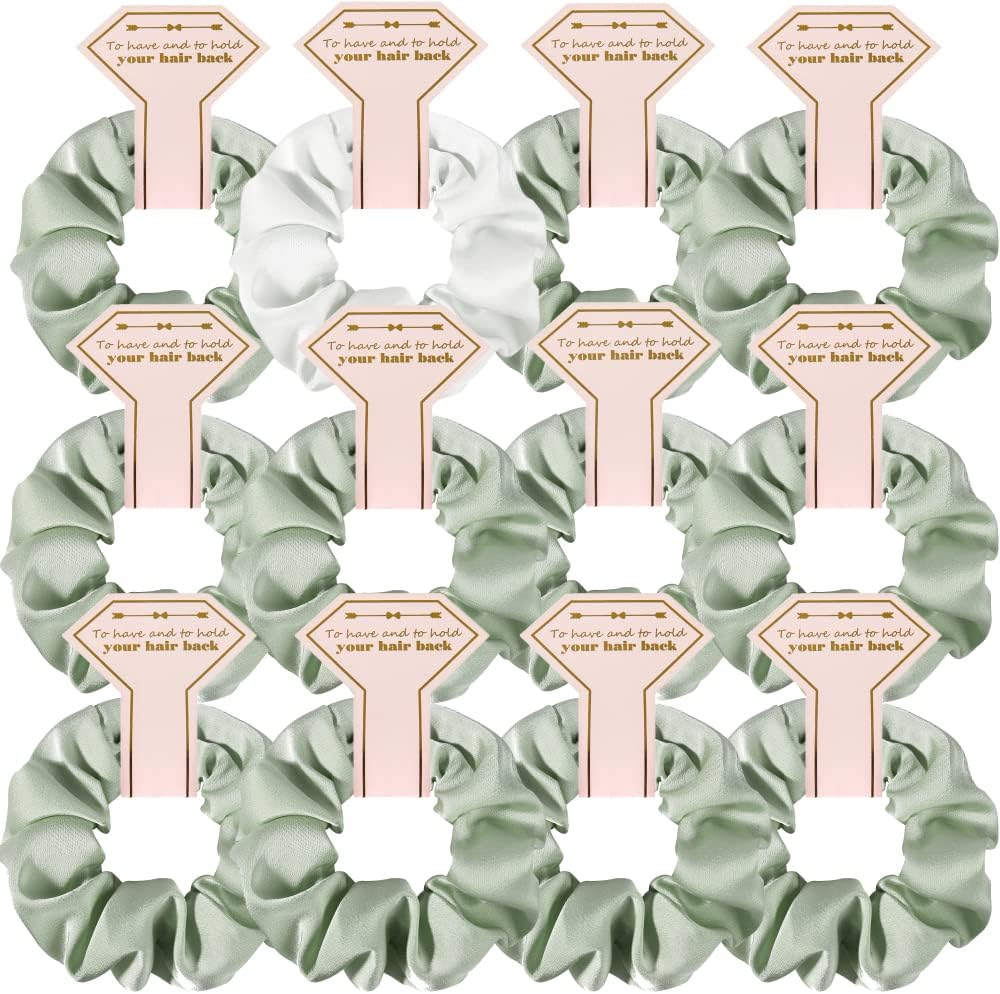 Hasoar New Smooth Linen Satin Bridesmaid Scrunchies 12 Pack Proposal Gifts Elastics Hair Ties Scrunchies Bachelorette Party Favors Satin Bridesmaid Gift for Bridal Wedding Parties Guests (Sage Green) - Black image number 5