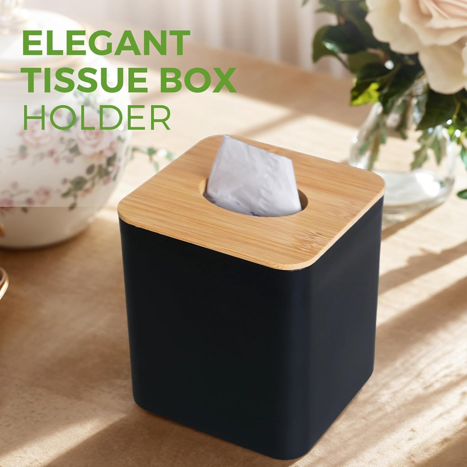 Tissue Box Cover Square, Black Tissue Box Holder with Bamboo Cover Plate, Cube Tissue Box Cover for Desk Accessories, Tissue Holders Decorative Square Tissue Box Tissue Holders for Bathrooms Bedrooms image number 5
