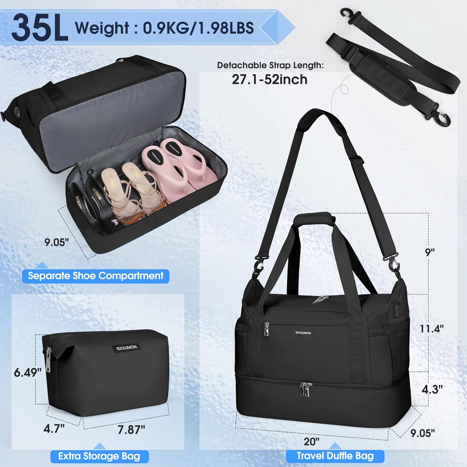 Travel Duffel Bags for Women Waterproof Weekender Overnight Bag Gym Tote Bag with Shoe Compartment and Wet Pocket Weekend Carry on Duffle Bag with USB Charging Port, Black image number 1