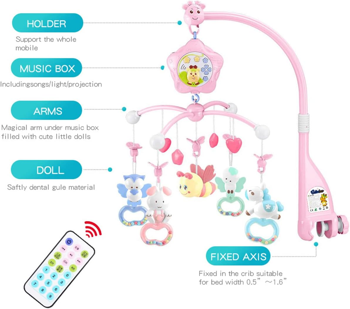 Baby Crib Mobile for Crib with Music and Lights, Remote for Pack and Play, Stroller Accessories. Material:Abs+Plastic (Pink-Senlin)